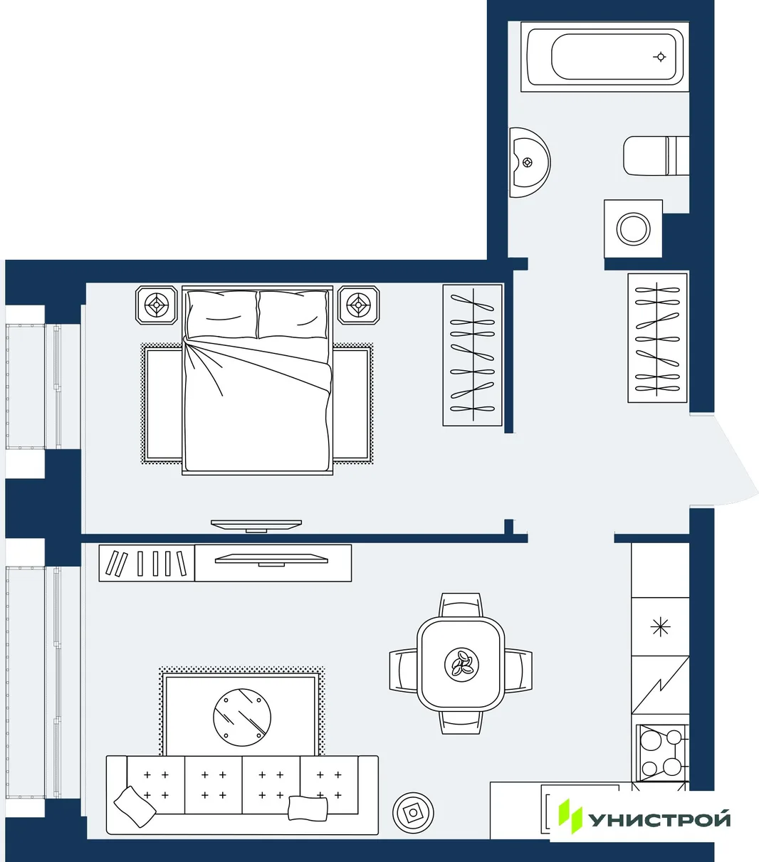 Планировка 1-комн. квартира, 39.95 м² ЖК «ГРАНД БЕРЕГ»