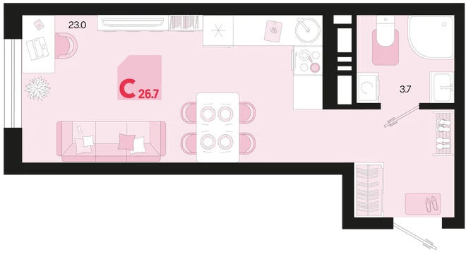 Планировка Студия, 26.7 м² ЖК «Первое место» Планировка Студия, 26.7 м² ЖК «Первое место»