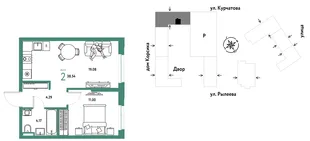 Планировка 2-комн. квартира, 38.54 м² ЖК «Остров-сад»