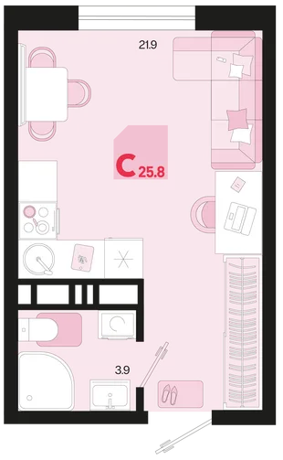 Планировка Студия, 25.8 м² ЖК «Первое место»