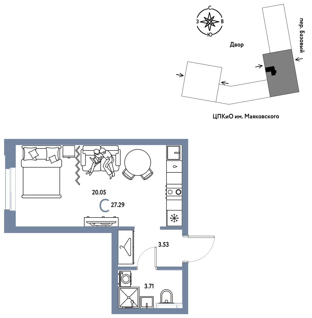 Планировка Студия, 27.29 м² ЖК «Сибирский сад»
