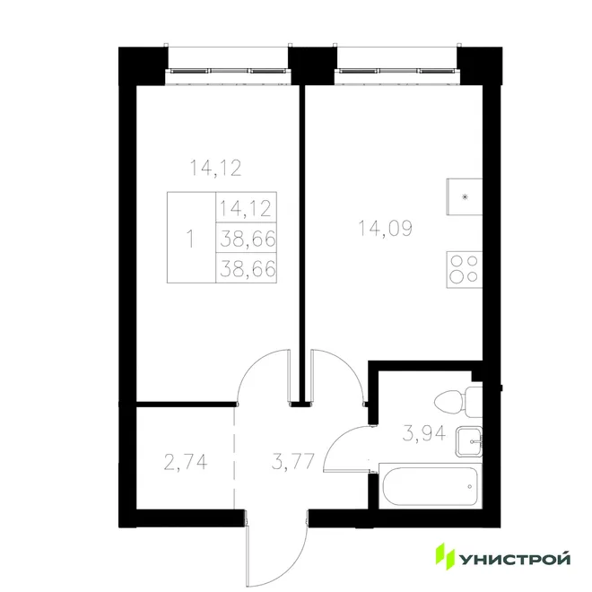 Планировка 1-комн. квартира, 38.66 м² ЖК «Statum»