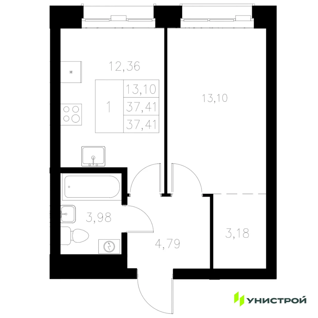 Планировка 1-комн. квартира, 37.41 м² ЖК «Statum»