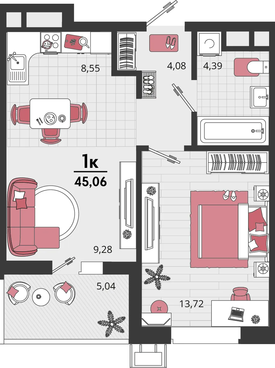 Планировка 2-комн. квартира, 45.06 м² ЖК «Родные просторы»