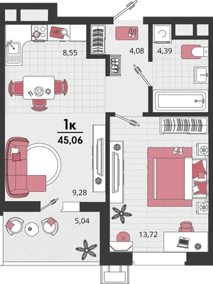 Планировка 2-комн. квартира, 45.06 м² ЖК «Родные просторы»