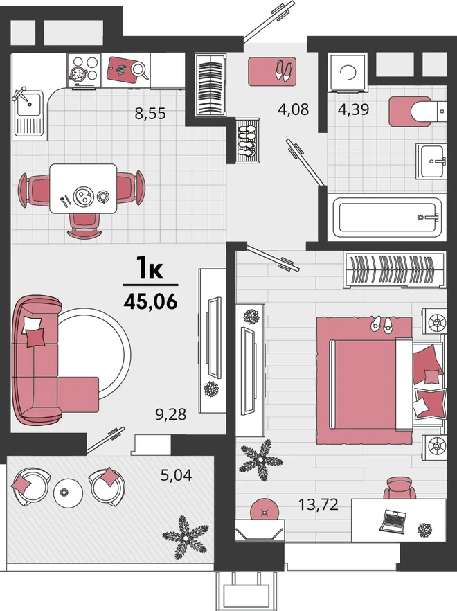 Планировка 2-комн. квартира, 45.06 м² ЖК «Родные просторы»