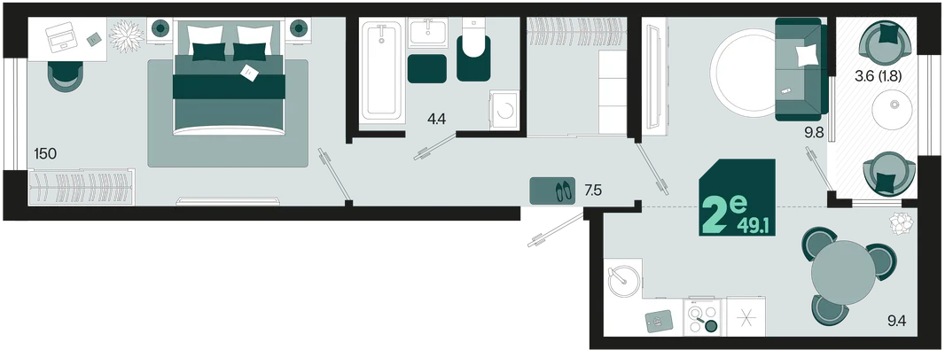 Планировка 2-комн. квартира, 49.1 м² ЖК «Первое место»