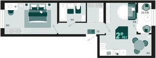 Планировка 2-комн. квартира, 49.1 м² ЖК «Первое место»