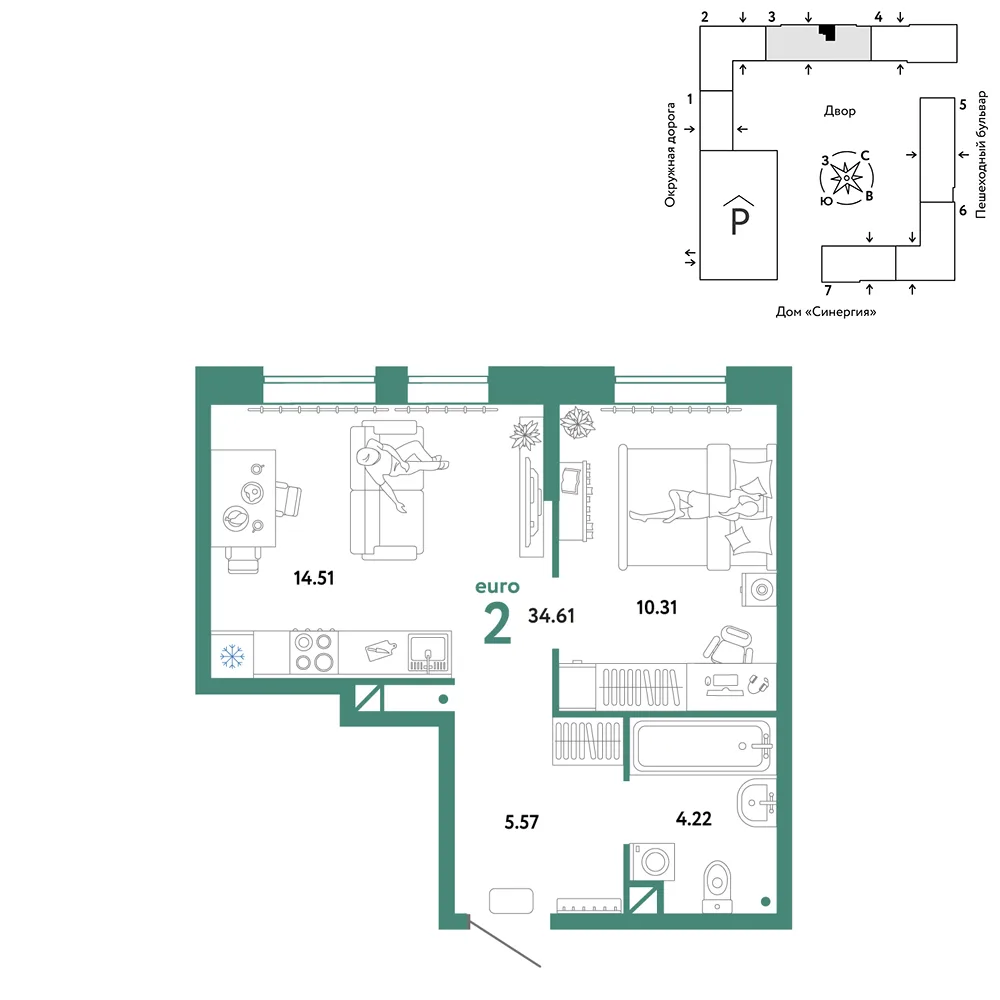 Планировка 2-комн. квартира, 34.61 м² ЖК «Юнион»