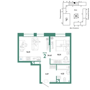 Планировка 2-комн. квартира, 34.61 м² ЖК «Юнион»