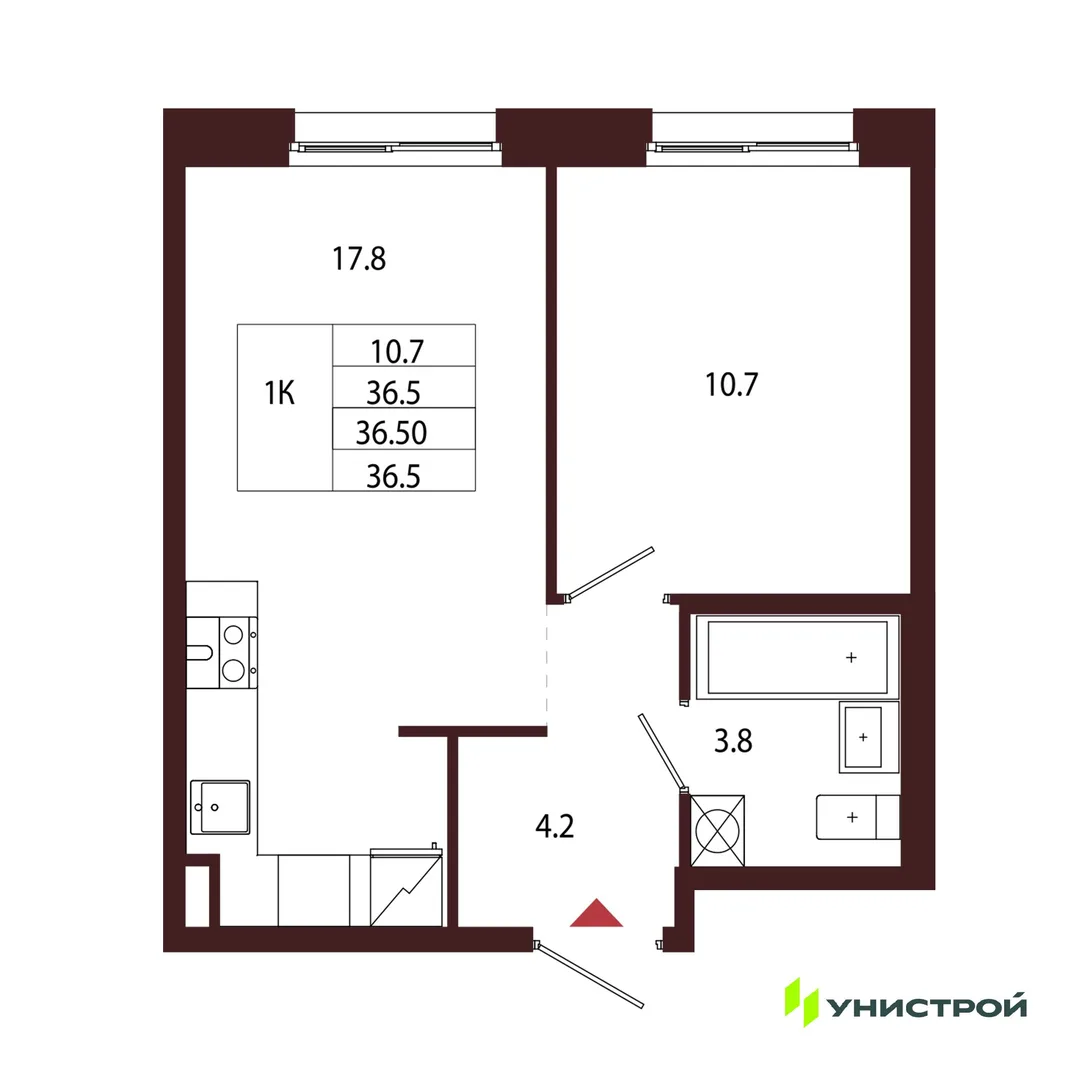 Планировка 1-комн. квартира, 36.5 м² ЖК «Лисино»