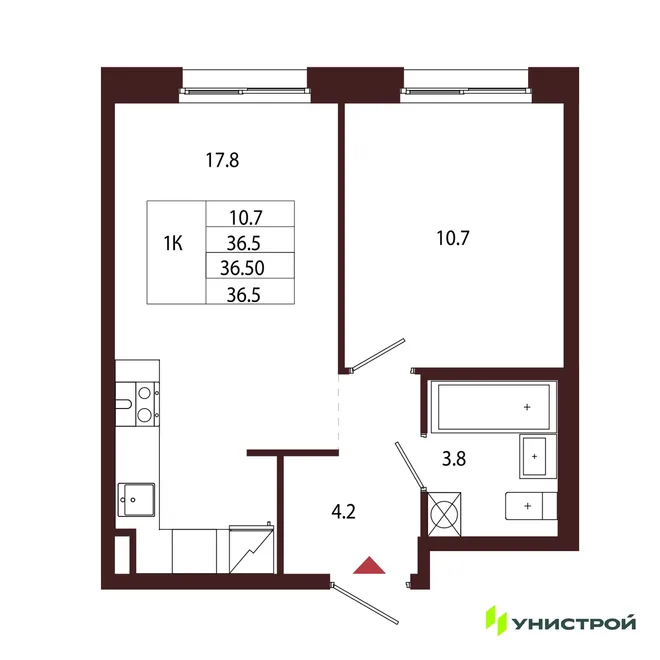 Планировка 1-комн. квартира, 36.5 м² ЖК «Лисино»