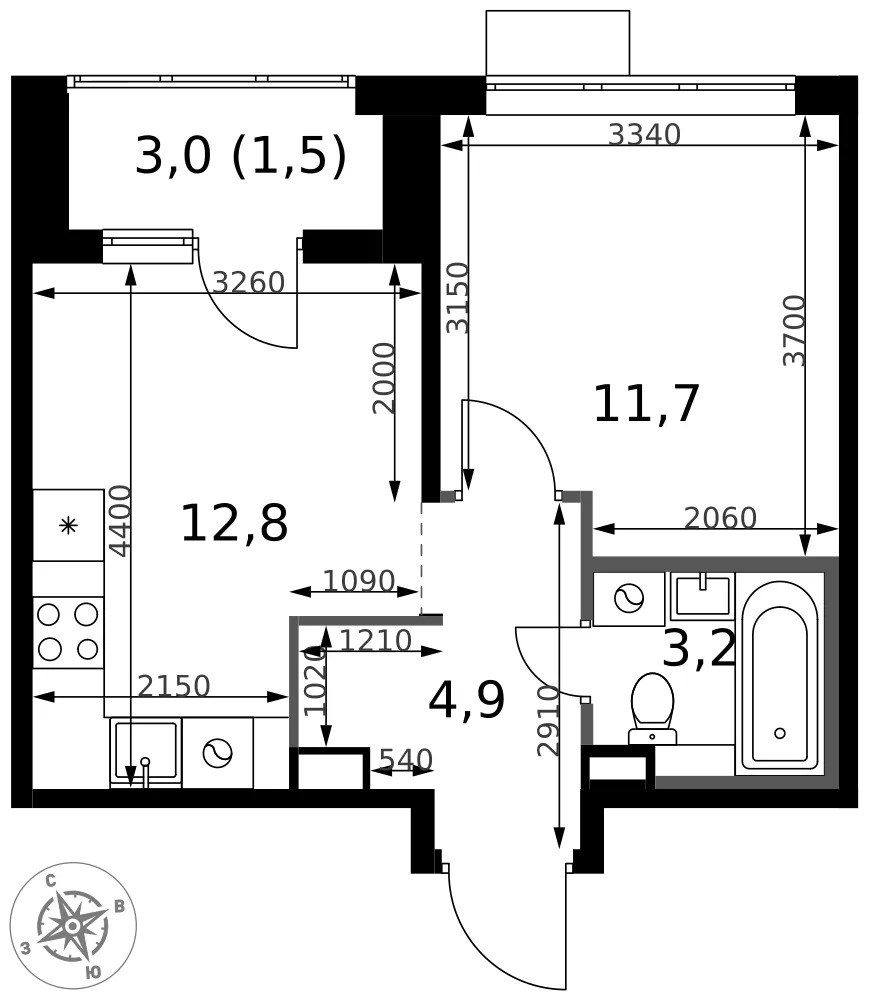 Планировка 1-комн. квартира, 34.1 м² ЖК «1-й Химкинский»