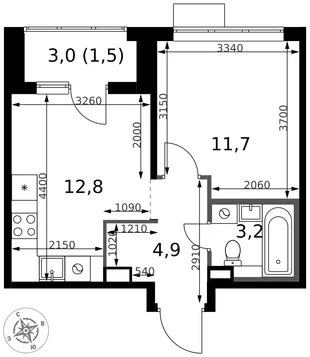 Планировка 1-комн. квартира, 34.1 м² ЖК «1-й Химкинский»