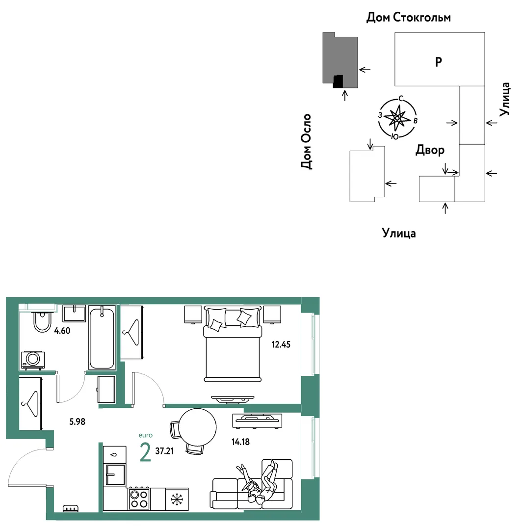 Планировка 2-комн. квартира, 37.22 м² ЖК «Европейский берег 2.0»