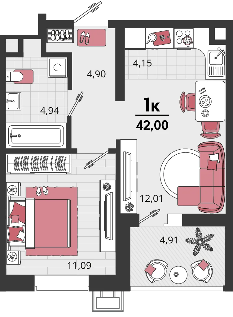 Планировка 2-комн. квартира, 42 м² ЖК «Родные просторы»