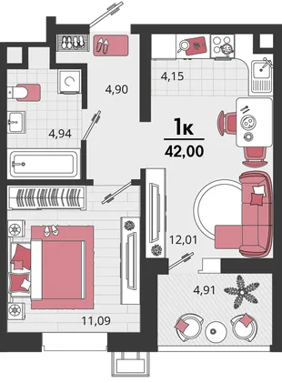 Планировка 2-комн. квартира, 42 м² ЖК «Родные просторы»