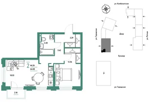 Планировка 2-комн. квартира, 46.26 м² ЖК «Уральский сад»
