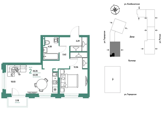 Планировка 2-комн. квартира, 46.26 м² ЖК «Уральский сад» Планировка 2-комн. квартира, 46.26 м² ЖК «Уральский сад»