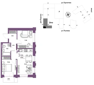 Планировка 3-комн. квартира, 52.86 м² ЖК «Остров-сад»