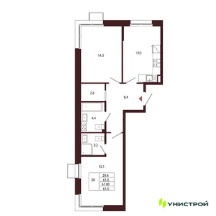 Планировка 2-комн. квартира, 61 м² ЖК «Лисино»