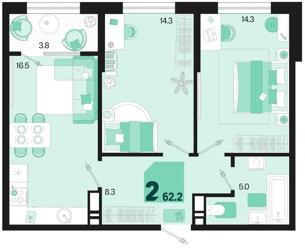 Планировка 2-комн. квартира, 62.2 м² ЖК «Первое место»