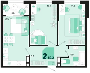 Планировка 2-комн. квартира, 62.2 м² ЖК «Первое место»