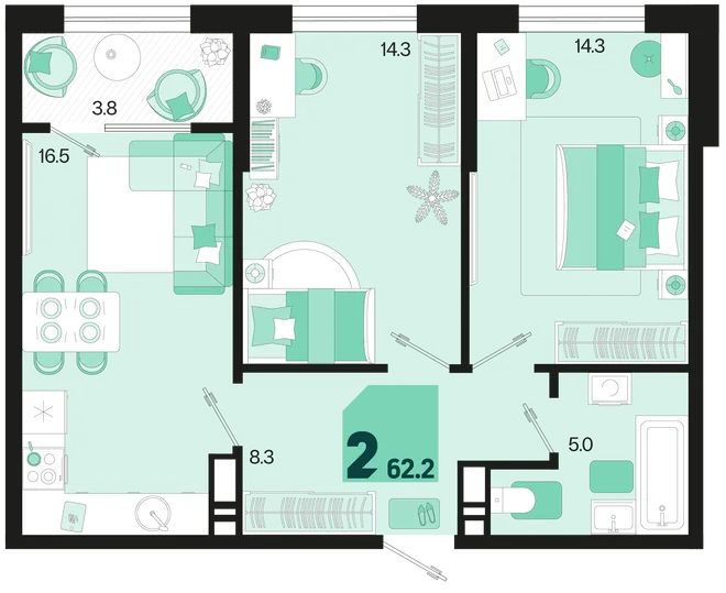 Планировка 2-комн. квартира, 62.2 м² ЖК «Первое место» Планировка 2-комн. квартира, 62.2 м² ЖК «Первое место»