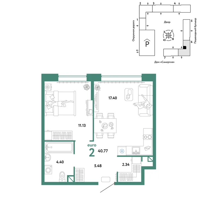 Планировка 2-комн. квартира, 40.75 м² ЖК «Юнион» Планировка 2-комн. квартира, 40.75 м² ЖК «Юнион»