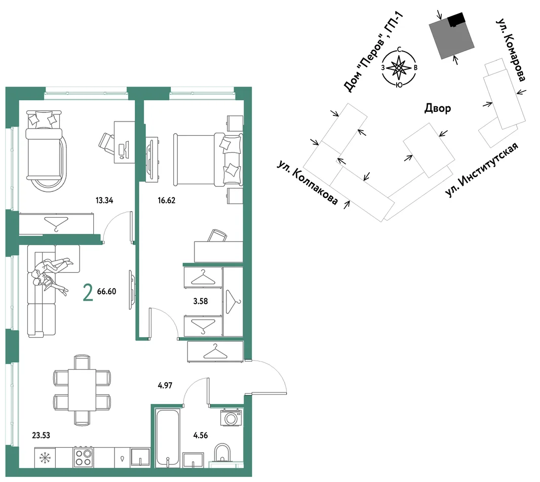 Планировка 2-комн. квартира, 66.6 м² ЖК «Страна.Парковая»