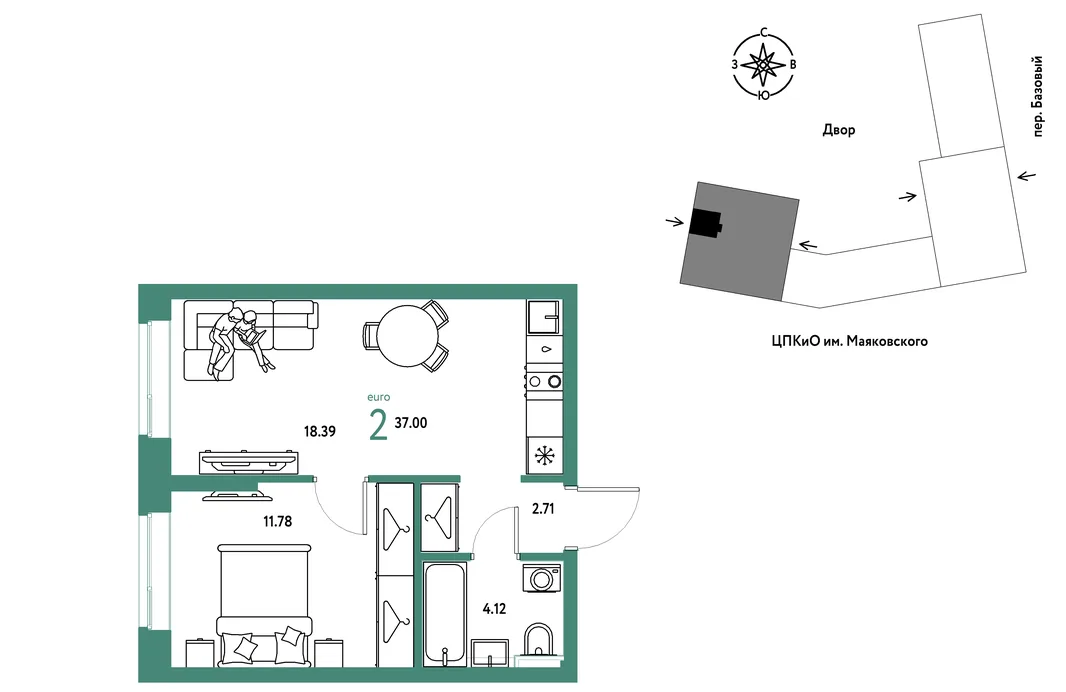 Планировка 2-комн. квартира, 37 м² ЖК «Сибирский сад»