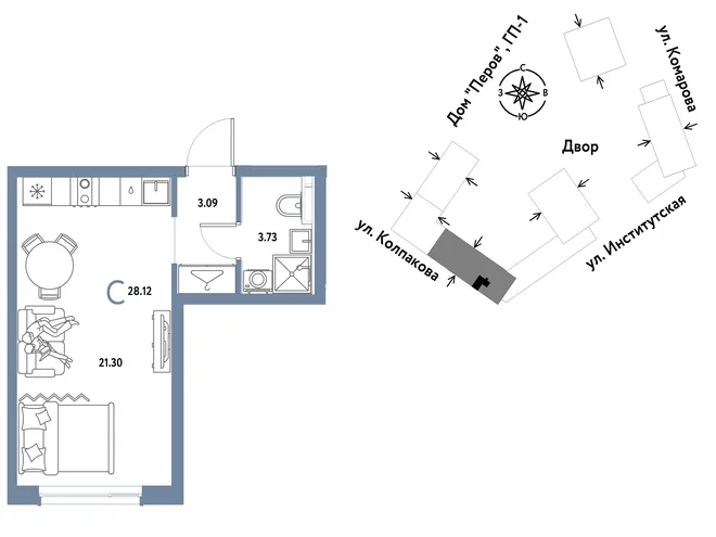 Планировка Студия, 28.12 м² ЖК «Страна.Парковая»