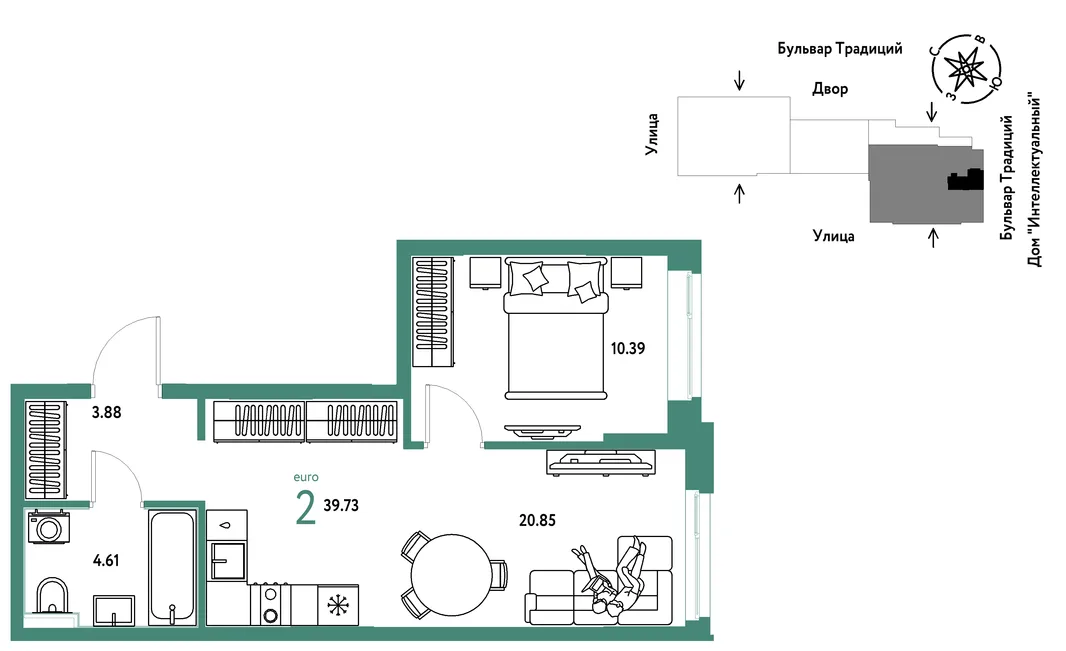 Планировка 2-комн. квартира, 39.73 м² ЖК «Микрорайон Домашний»