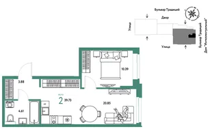 Планировка 2-комн. квартира, 39.73 м² ЖК «Микрорайон Домашний»