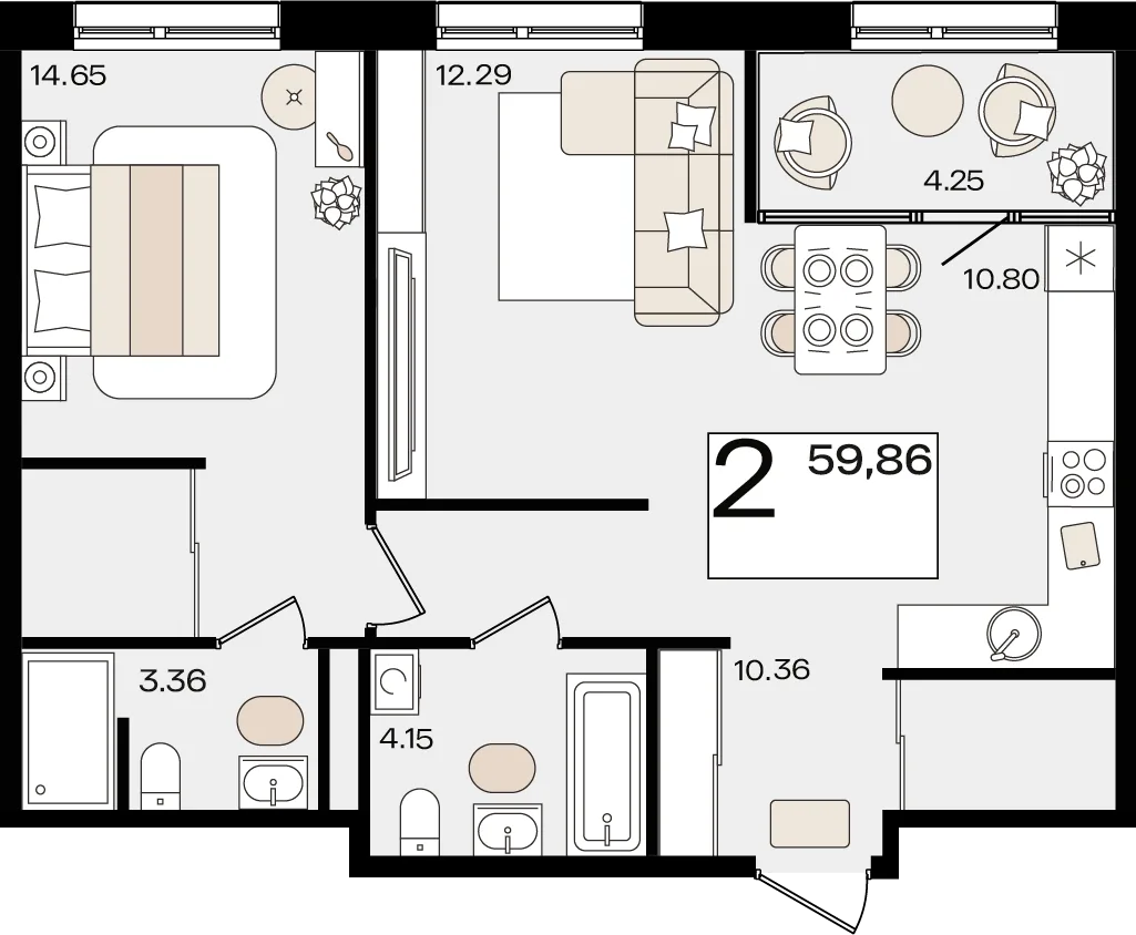 Планировка 2-комн. квартира, 59.83 м² ЖК «Патрики»