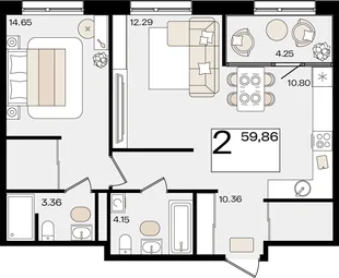 Планировка 2-комн. квартира, 59.83 м² ЖК «Патрики»