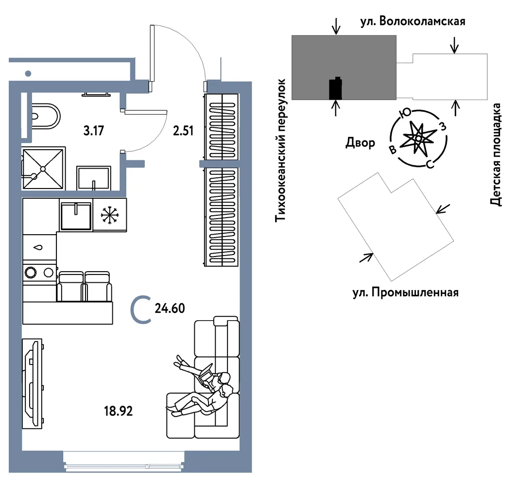 Планировка Студия, 24.6 м² ЖК «Страна Прибрежная»