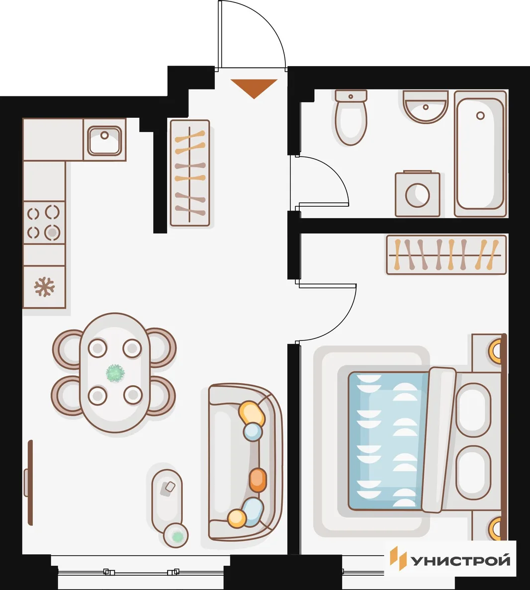 Планировка 1-комн. квартира, 39.66 м² ЖК «Жилой кластер Q на Кулагина»