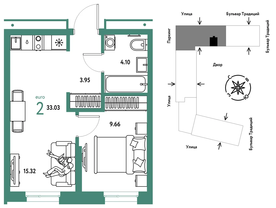 Планировка 2-комн. квартира, 33.03 м² ЖК «Микрорайон Домашний»