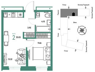 Планировка 2-комн. квартира, 33.03 м² ЖК «Микрорайон Домашний»