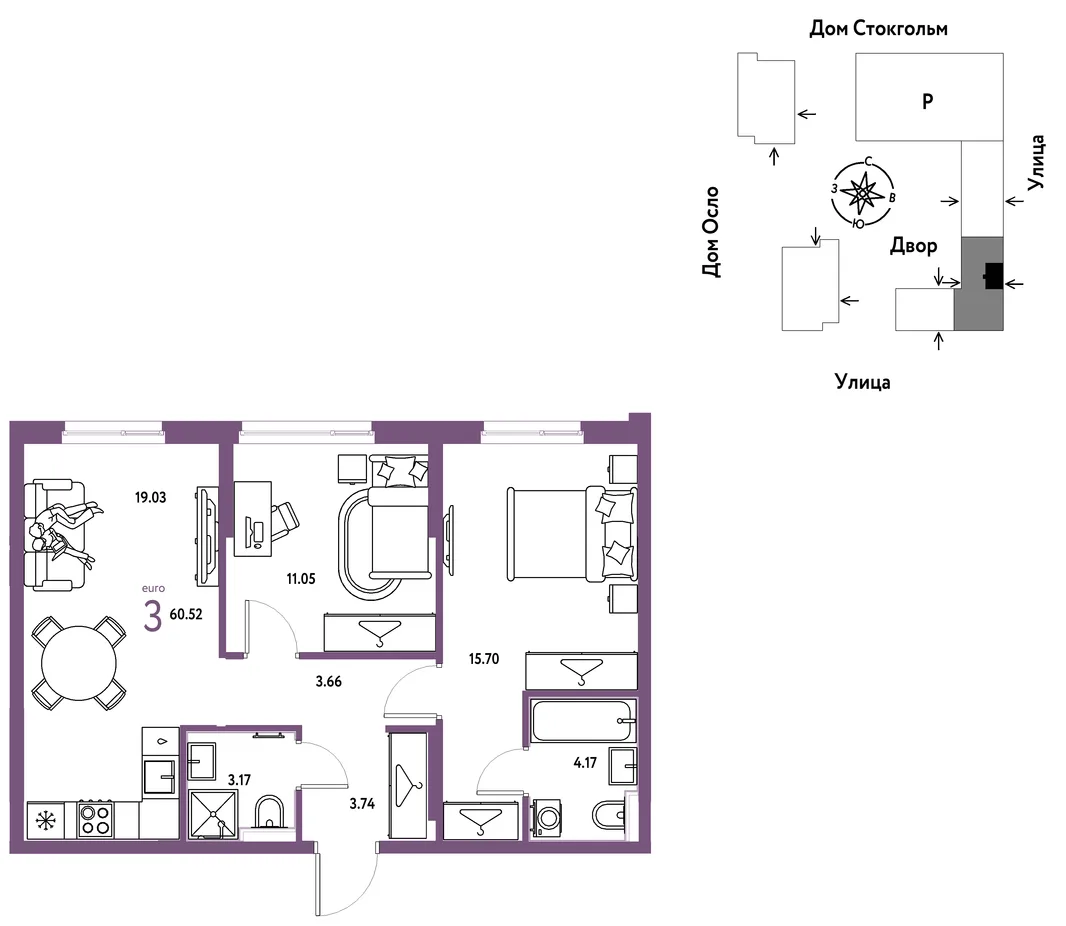 Планировка 3-комн. квартира, 60.52 м² ЖК «Европейский берег 2.0»