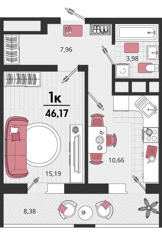 Планировка 1-комн. квартира, 46.17 м² ЖК «Родные просторы»