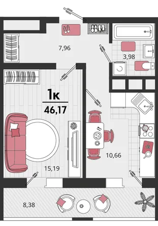 Планировка 1-комн. квартира, 46.17 м² ЖК «Родные просторы»