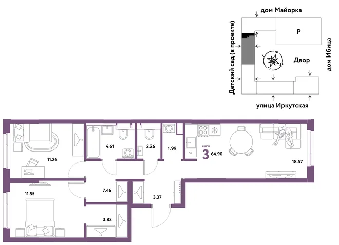 Планировка 3-комн. квартира, 64.9 м² ЖК «Остров-сад» Планировка 3-комн. квартира, 64.9 м² ЖК «Остров-сад»