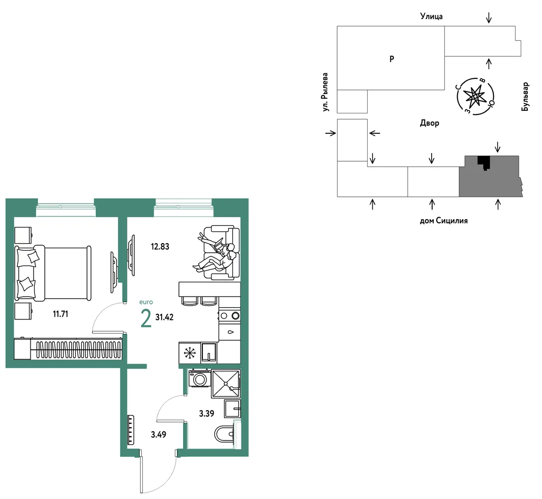 Планировка 2-комн. квартира, 31.42 м² ЖК «Остров-сад»