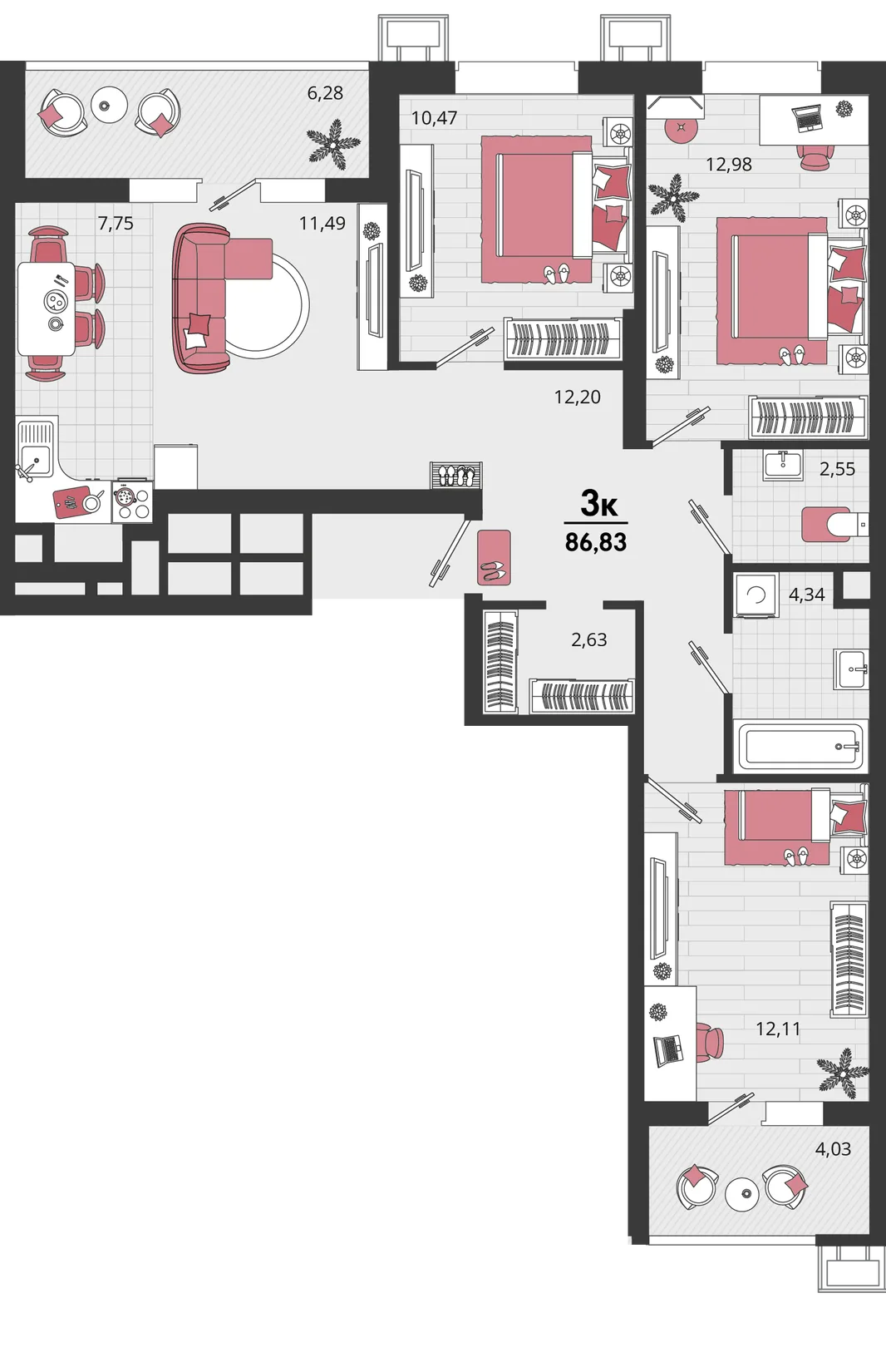 Планировка 4-комн. квартира, 86.83 м² ЖК «Родные просторы»
