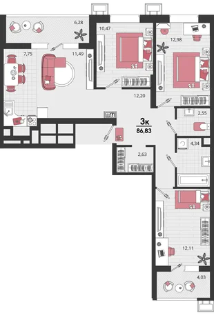 Планировка 4-комн. квартира, 86.83 м² ЖК «Родные просторы»