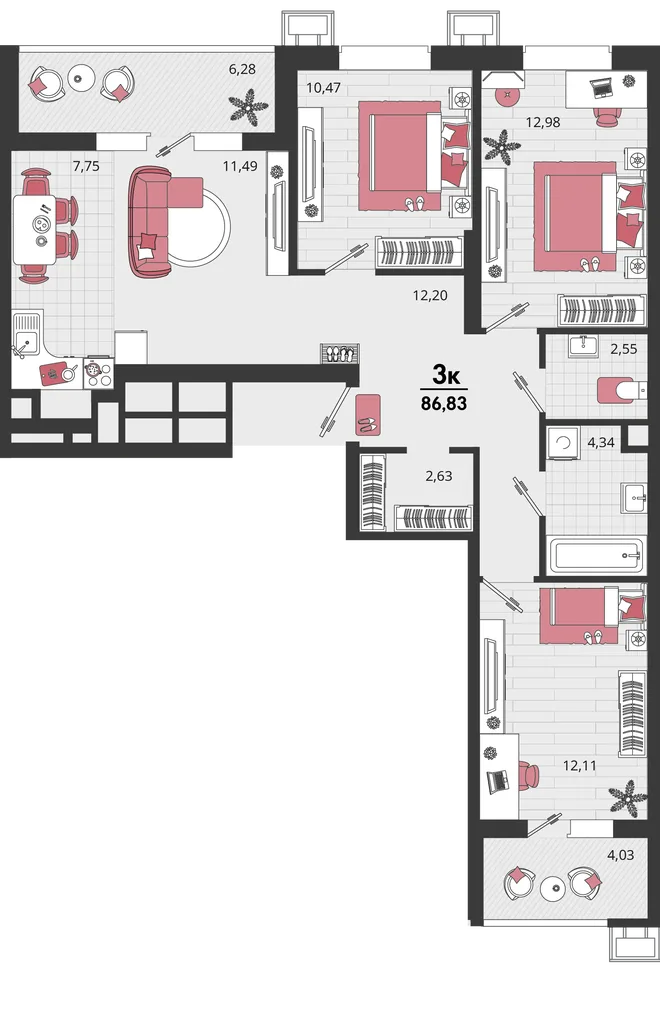Планировка 4-комн. квартира, 86.83 м² ЖК «Родные просторы» Планировка 4-комн. квартира, 86.83 м² ЖК «Родные просторы»