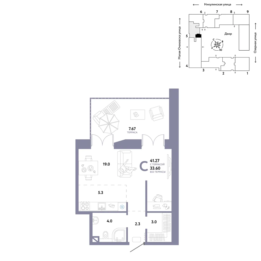 Планировка Студия, 41.27 м² ЖК «Страна.Озёрная»