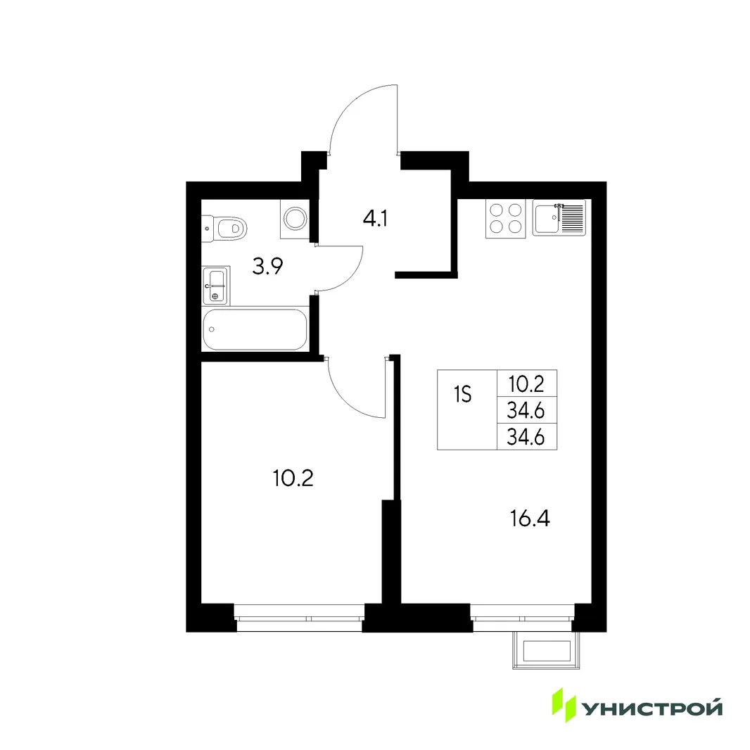 Планировка 1-комн. квартира, 34.6 м² ЖК «Стадиум»